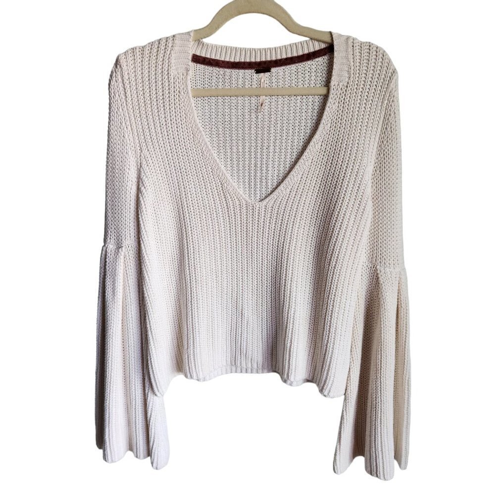 Free People Sweater Ivory XS Oversized V Neck Bell Sleeve Cotton Pullover